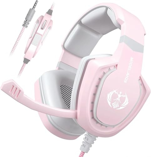 Bocodow Pink Gaming Headset with Mic for Girls Women, Stereo Surround Sound Wired Over-Ear Headphones with Microphone, Bass, Compatible with PC Mac Computer PS5 Xbox PS4 Laptop