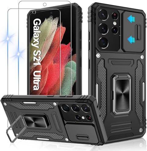 Jshru Hülle für Samsung Galaxy S21 Ultra Handyhülle Kameraschutz mit 2 Stück Schutzfolie Militärstandard Stoßfest Schutzhülle 360° Metall Ring Ständer Case für Galaxy S21 Ultra,Schwarz