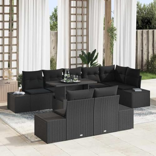 Yunovire Gartensofa-Set mit Kissen, 9-teilig, Schwarz, Poly-Rattan, modular, langlebig, höhenverstellbarer Tisch für Terrasse, Balkon, Garten, 319x154x85 cm