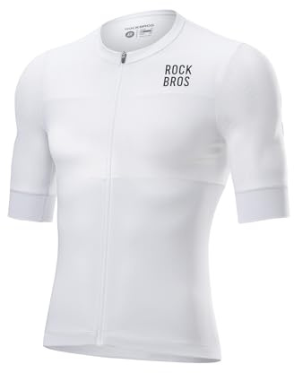ROCKBROS Radtrikot Kurzarm Herren, Ultraleicht Atmungsaktiv Schnell Trocknend Rennrad Trikot mit 3 Rückentaschen, Fahrradtrikot Fahrradbekleidung für Radsport Rennrad, Weiß M–3XL