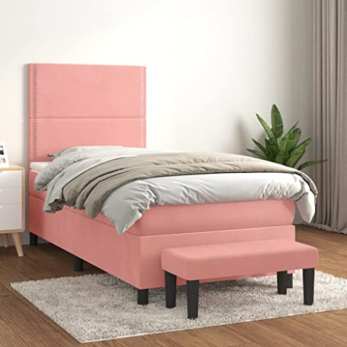 RCODSSK Höhenverstellbares Kopfteil Boxspringbett 90x190 cm mit Taschenfederkernmatratze in Rosa Samt, Boxspringbett mit Matratze Rosa 90x190 cm Samt