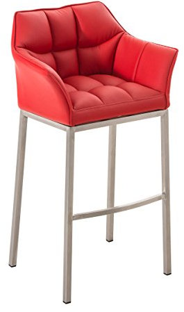 CLP Barhocker DAMASO Kunstleder mit 4-Fuß Gestell I Barstuhl mit Lehne I Tresenhocker mit Edelstahlgestell, Farbe:rot, Gestell Farbe:Edelstahl