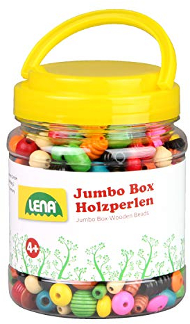 Lena 32044 - Bastelset Holzfädelperlen in Jumbo Box, mit Fädelperlen aus Holz, ca.2 cm groß, Holzperlen Mix Set für Kinder ab 4 Jahr