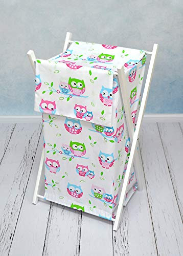 Baby Laundry Basket Nursery Hamper Bag Storage BIN with Removable Linen 70 Litre White Frame (Owls White)