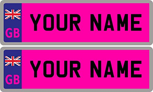 2 x Personalised Self-Adhesive GB Union Jack Flag Pink 14 x 4 cm Number Plate Stickers For Childrens Kids Ride on Car, Bike, Bedroom Doors, Wheelchair, Mobility Scooter by Ellis Graphix