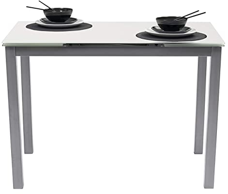 Homely - Mesa de Cocina Extensible Paris, sobre de Cristal Blanco, Estructura en Metal Gris, de 110/170x70cm (Blanco/Gris)