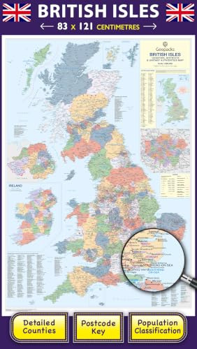 UK Wall Map - Large Travel Map to Show Detailed Counties, Districts Postcode Areas & Population Figures, Laminated UK Map Poster, Wipe-Clean Surface, Perfect Traveler Gift 830 x 1200mm