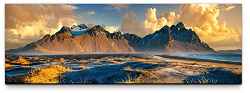 Eau Zone Leinwandbild auf Echtholzrahmen Island berge 120x40cm