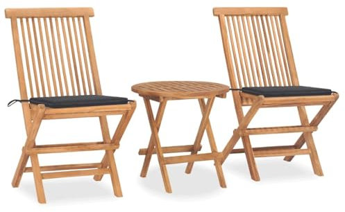 vidaXL Teak Massiv Gartenmöbel 3-TLG. mit Kissen Klappbar Bistroset Balkonset Sitzgruppe Balkonmöbel Gartengarnitur Gartenset Tisch Stühle