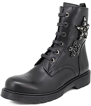 QUEEN HELENA Stivali Anfibi di Pelle Stivaletti con Lacci Plateau Casual Comodi Invernali Donna IFL20-2360 (Nero, Numeric_39)