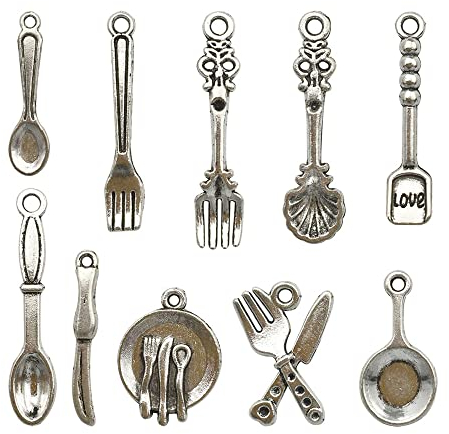 10 Pieces Ancient Silver Mix Fork Knife Spoon Pan Tableware Jewelry Making Charms Pendant, DIY Handmade Making Necklace Bracelet Earring Keychain Decoration Accessories for Chef Gift