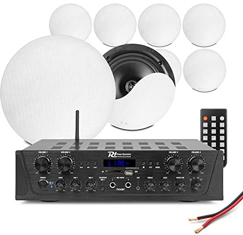 Power Dynamics 4-Zone Multi Room Ceiling Speaker System PV240BT Bluetooth Amplifier with 8x NCSS8 – Home Audio Stereo Kit, FM Radio, USB/SD Playback & Speaker Cable