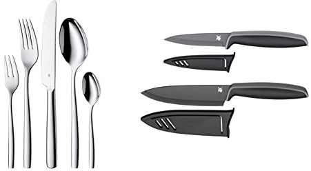 WMF Palma Edelstahl Besteck Set,30 teilig,spülmaschinenfest & Touch Messerset 2-teilig, Küchenmesser mit Schutzhülle, Spezialklingenstahl antihaftbeschichtet, scharf, Kochmesser, Gemüsemesser, schwarz