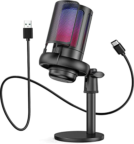 TKGOU USB Microphone for PC,Computer Gaming Mic for PS4/ PS5/ Mac,Condenser Mic with Quick Mute,RGB Light,Pop Filter,Shock Mount,Gain knob & Monitoring Jack for Recording,Streaming,Podcasting,YouTube