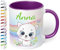 Kinder-Tasse mit Namen „Weiße Katze mit Regenbogen-Motiv“ – personalisierte Namenstasse für Jungen und Mädchen - rundum bedruckt – schönes Geschenk zu Weihnachten, Geburtstag (Violett)