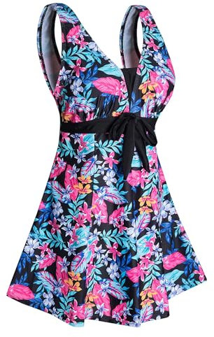 ECUPPER Womens Plus Size Swimsuit One Piece Swim Dress Tummy Control Swimming Costume with Skirt Purple Flower XXL