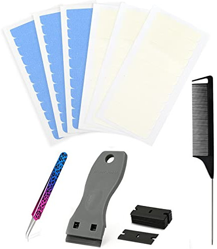 EHDIS Hair Extension Tape Tabs Set - 3 Sheets Double Sided and 3 Sheet Single Side Adhesive Hair Extension Tapes, with Scraper, Hair Comb, Tweezers