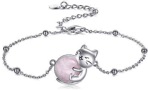 Vadmans Bracciale Gatto Cavigliera in Argento Sterling Con Quarzo Rosa Regali per Donne Amanti Dei Gatti