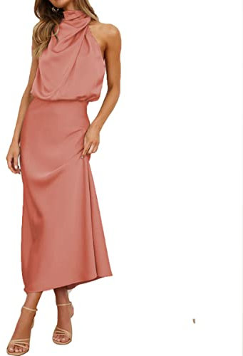 Daysskk Robe Longue Femme Chic et Élégant Robe Satin Femme Soirée Rose orangé Robe Cocktail Femme Longue Robe Asymétrique Femme Chic Robe Femme Elegant Eté M