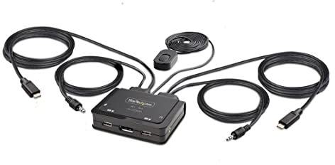 StarTech.com 2-Port USB-C Kabel KVM Switch, 4K 60Hz DisplayPort Ausgang, Mini KVM Switche mit 2m USB Typ-C/Audio Int.Kabeln, Bus Powered, Ferntaste/Hotkey Laptop KVM Umschalter (C2-D46-UC2-CBL-KVM)