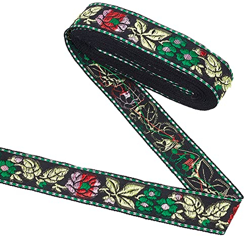 FINGERINSPIRE 5 m X 32 mm Stickerei Jacquard Besatz Vintage Webband Schwarzes Blumenmuster Mit Blättern Gewebtes Spitzenband Vintage Jacquard Bandbesatz Meterware Für Kleidung Taschen Hüte