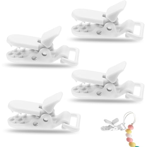 4 Stück Schnuller Clips, Klipp Schnullerkette, Lätzchen-Clips, Kunststoff Abzeichen Clips, Baby Dummy Schnuller Clips (Weiß)