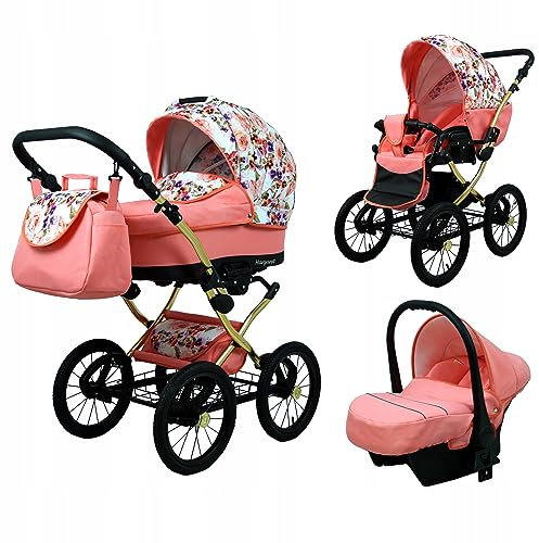 BabyLux® Bambini Passeggino Completo Set 3 in 1 - Margaret Gold - incl. Navicella, Canna, Seggiolino Auto - Carrozzina Neonati Sistema Combinato - con Borsa fasciatoio, Copertura antipioggia ecc.