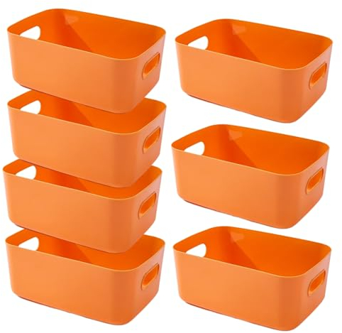 EURXLQ 7 Stück Aufbewahrungsbox Kunststoff Aufbewahrungskorb mit Griffen Eingedicktes Badezimmer Organizer Küchenschrank Körbe Aufbewahrung Kunststoffbox für Badezimmer Küche (Orange, 25×18×10 cm)