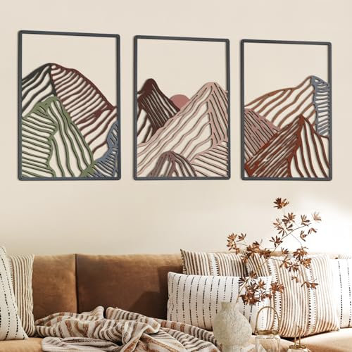 Peryiter Berg-Metall-Wandkunst, Wandbilder, Wandbild, Berglinie, Wanddekoration, abstrakt, minimalistisch, rustikal, Natur, für Zuhause, Badezimmer, Wohnzimmer (bunt, lebendiger Stil), 3 Stück