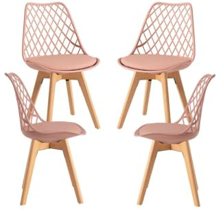 Set di 4 sedie Mima Rosa nocciola, per sala da pranzo e cucina, stile nordico, struttura in polipropilene, seduta imbottita in similpelle e gambe in legno di faggio