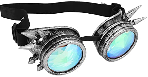 Kaleidoskop-Brille, Steampunk-Brille, Regenbogen-Kristalllinsen, Verstellbare Trippige Psychedelische Steampunk-Brille (Antikes Silber)