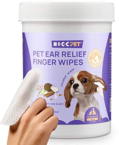 HICC PET Dog Ear Finger Wipes, Ultra Big Dog Ear Cleaner Wipes to Remove Wax & Smelly, Dog Ear Infection Treatment to Relief Itching & Inflammation, All Natural Ingredients, Coconut Scent, 50 Count