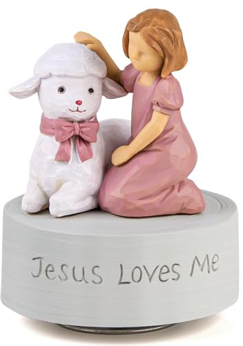MS. WENNY Mädchen mit Lamm Spieluhr, Ostern Christen, religiöses Taufgeschenk, geformte, handbemalte Musikfigur spielt Jesus liebt mich