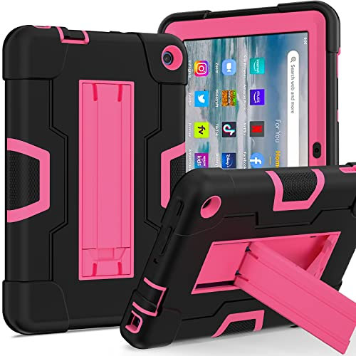 Juaupepo Rugged Case Compatible with Amazon Fire 7 (12th Generation, 2022), Shockproof Rugged Hybrid Protective Cover Case with Kickstand Kids Cover (Black+Rose)