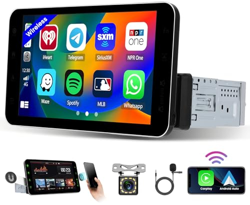 Hikity 1 Din Autoradio mit 9 Zoll Bildschirm, Touchscreen Car Radio mit Wireless CarPlay Android Auto, Mobiltelefonhalterung, FM Radio, Bluetooth, USB, SWC, Rückfahrkamera