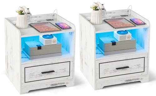COSTWAY 2er Set Nachttisch mit LED Licht, USB-Anschluss und Typ-C-Ladestation, Nachtschrank mit Bewegungssensor, Beistelltisch mit offenem Fach und Schublade, Nachtkommode für Schlafzimmer, Weiß