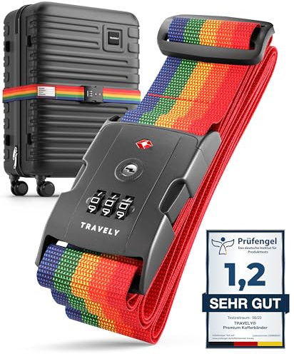 TRAVELY Koffergurt mit TSA Schloss - Einfach verstellbar & robust - Inklusive Namensschild - Passend für Handgepäck bis Übergröße I Kofferband Gurt, kofferband mit Schloss, kofferband auffällig