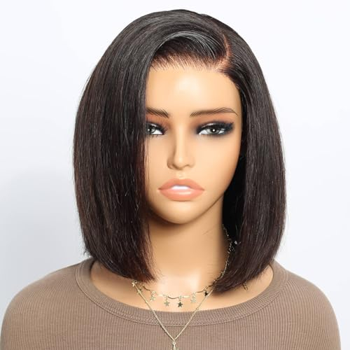 Wear and Go Glueless Bob Wig Human Hair For Black Echthaar Perücke Pre Cut 5x6 HD Lace Front Human Hair 200% Brazilian Virgin Human Hair Upgraded Bleached Invisible Knots Natural Black Color 10 Inch