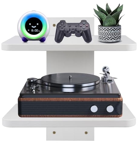 BiJun Floating tv Regal Schrank, Hi-Fi Regal Holz Möbel Rack Floating Multimedia Wandregal TV Rack Wandhalterung für PS4/Kabelbox/DVD-Player/Spielkonsole (Weiß 2stöckige)