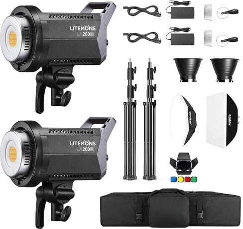 Godox 2Pack LA200Bi 230W LED Tageslicht Videoleuchte,5600K CRI 96+ TLCI 97+,101000lux@1m Studiolicht Fotografie mit Bowens-Montage und APP-Kontrolle für Livestreaming,Video,Youtuber