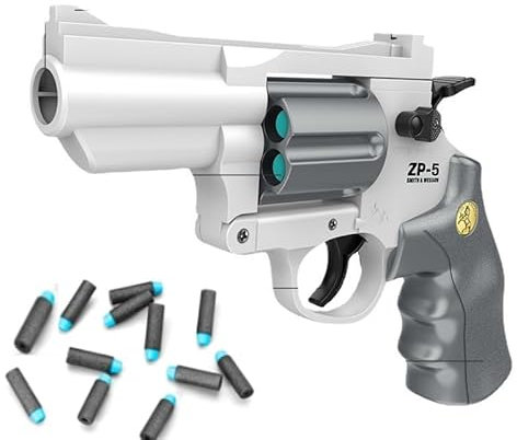 Safe Toy Fake Gun Model Revolver Toy Gun for Boy with Ejecting Shell Soft Bullets,Realistic Toys Foam Blaster Play Gun Toy (white,grey)12bullet