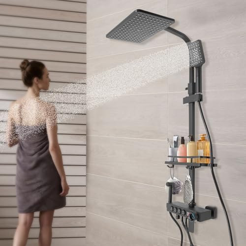 Duschset, Duschsystem mit großer Regendusche, Handbrause, mit Höheverstellbarer Duschstange | Top Spray Größe 29.5 * 19.5cm | (Thermostat-LED Anzeige-Schwarz-4)