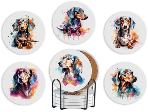 Dackel Hund Geschenke Untersetzer für Hund Mama Keramik 6er Set mit Geschenkbox Saugfähig mit Korkboden Geschenke für Dackel Hundeliebhaber Wohnkultur für Einweihungsfeier Erntedankfest Geburtstag