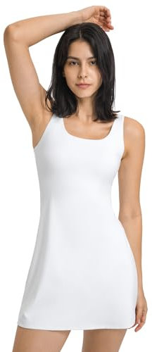 Bezioner Tenniskleid Damen,Sportkleider mit Integrierten BH und Shorts-Taschen,A-Linien Golfkleid Ärmellos Tennis Kleidung Weiß M