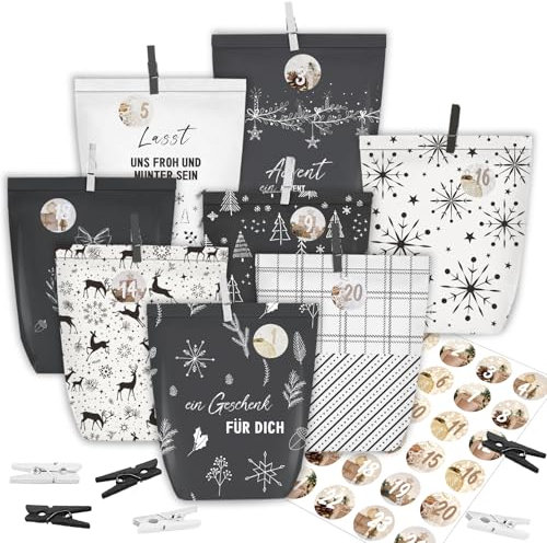 KOHMUI Adventskalender zum Befüllen, 24 Weihnachtskalender Papiertüten zum Selbst Gestalten, Geschenktüten zum Selber Basteln, Elegantem Schwarz und Weiss