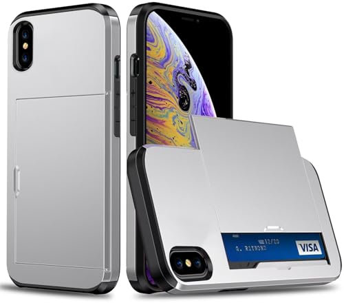 Beajew Coque Portefeuille pour iPhone XS Max avec Porte-Cartes, Étui de Protection Téléphone Double Couche Antichoc, Fente Cachée Coulissante, Antichoc TPU+PC Housse Portefeuille - Argent