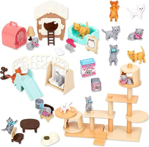 46 Stück Katze Puppenhaus Zubehör, Katzenfiguren Spielset, Wichtel Zubehör, Katzenbaum Katzenhaus Katzenfutter Katzenbett Möbel für Miniatur Garten Deko