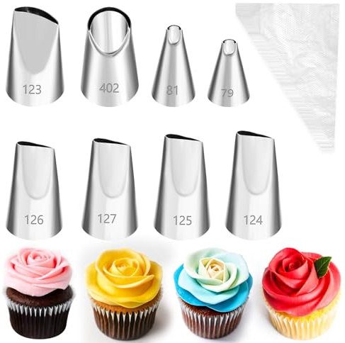 Prasacco 8 Pcs Flower Piping Tips Set, Icing Piping Nozzles Cake Decorating Tips with 10 Pcs Disposable Piping Bags Cream Icing Piping Rose Nozzle Pastry Fondant Cupcake Baking Decorating Tools