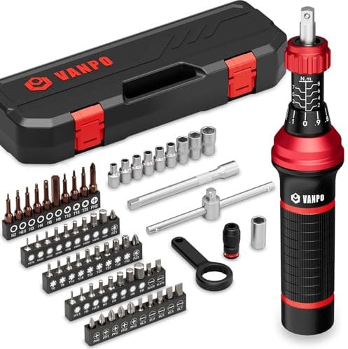 VANPO Tournevis Dynamométrique, 2-8 Nm, 64 Pièces, 1/4 Clé Dynamométrique Kit Réglable avec Poignée en T, Embouts Plats, Hexagonaux, Torx et Phillips für Vélo Réparation, Assemblage, Modélisme