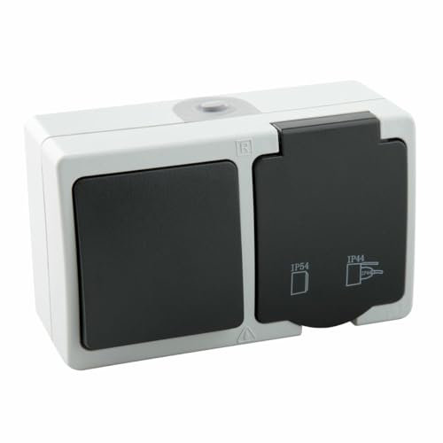 Enchufe con conmutador IP54: protección contra agua y polvo, ideal para exteriores, iluminación y control de dispositivos eléctricos.